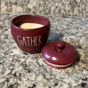 Rae Dunn Gather Ceramic Apple shaped Candle Jar with Lid - Deep Burgundy